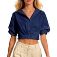 thumbnail image 2 of Women Solid Button Down Short Sleeve Blouse Casual Collared Crop Top Navy M, 2 of 5