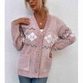 thumbnail image 4 of Suéter con frente abierto, botones, manga larga, corte holgado, prendas de vestir exteriores de punto para mujer con bolsillos para Navidad, otoño, invierno, rosa, M, 4 of 9