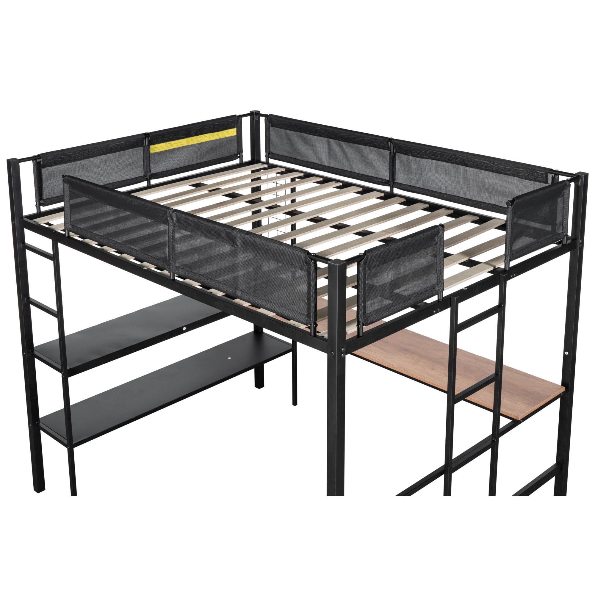 DEALTOPS Full Size Metal Loft Bed with Desk and 2-Tier Shelves and Grid Panel, Textilene Guardrail, Black