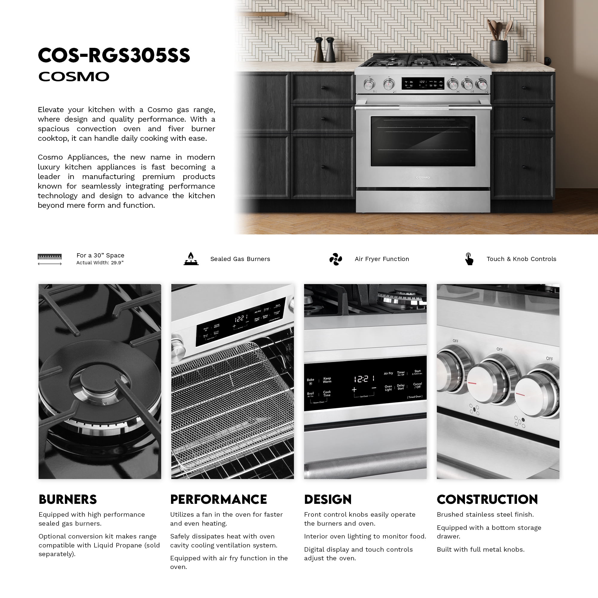 Cosmo 30 in. Stellar Collection 4.8 cu. ft. Gas Range, 5 Burners, Convection Oven, Cast Iron Grates, Stainless Steel