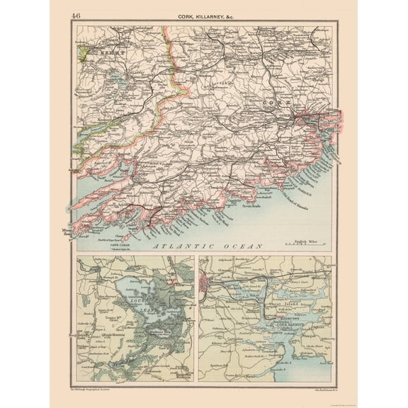 Historic Map - Ireland Southern - Bartholomew 1892 - Vintage Wall Art