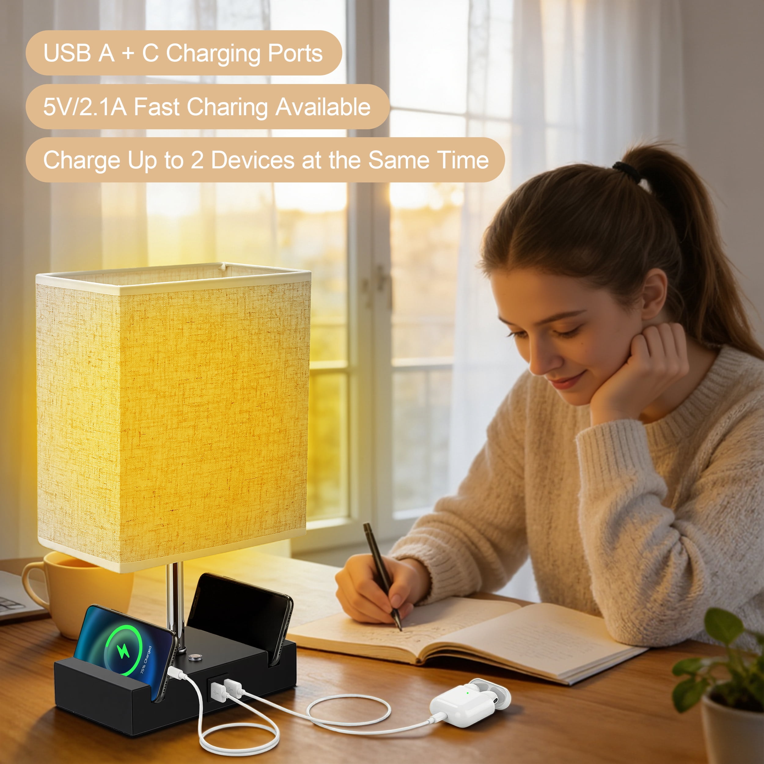 Doulami Table Lamp for Bedroom with 3 Way Dimmable Touch Control, Bedside Table Lamp with 2 USB Charging Ports and 2 Phone Stands, Nightstand Lamp with E26 Light Bulb, Desk Lamp with Fabric Shade for