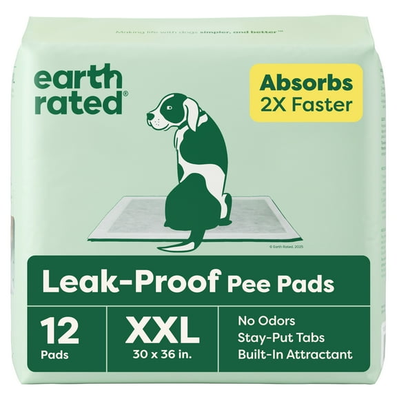 Earth Rated Tapis pour Pipi Anti-Fuites pour Chiens et Chiots, Absorption 2X Plus Rapide*, Non Parfumés, TTG, 30x36 Po, 12 Tapis