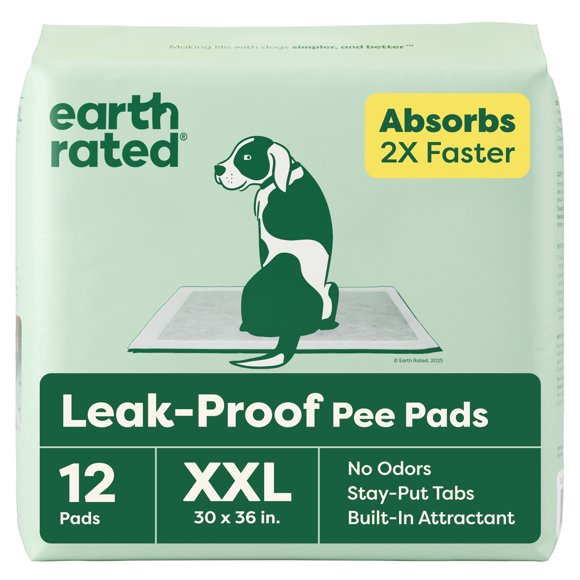 Earth Rated Leak-proof Pee Pads for Dogs and Puppies, 2X Faster Absorption*, Unscented, XXL, 30x36 in., 12 Pads