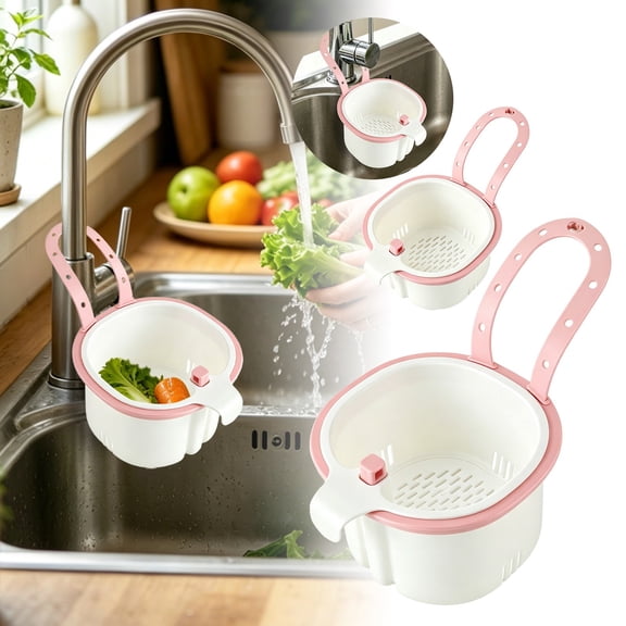 Adjustable Hanging Sink Colander Basket, Plastic Vegetable Washing Strainer with Handle, Over-the-Sink Drain Basket for Fruits, Veggies & Food Prep