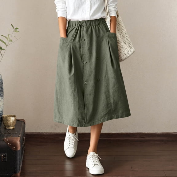 PBFRDSJ Cotton Linen Skirt for Women Elastic Waist Button Front Vintage Stretch A-Line Flared Casual Midi Skirts Peasant Trendy Skater with Pockets