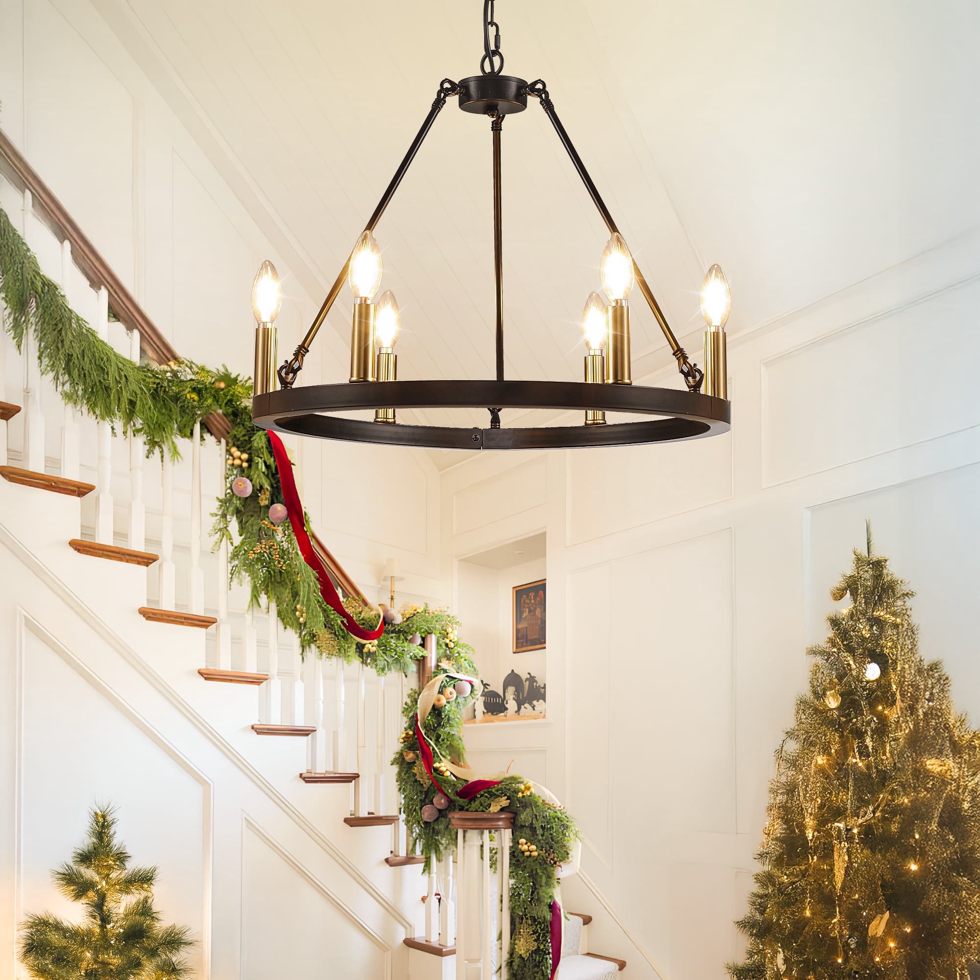 LovingAHome 6-Lights Gold Industrial Wagon Wheel Chandelier Light Fixture for Foyer Dining Room Kitchen Living Room Entryway