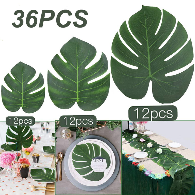 6/12Pcs Tropical Hawaiian Big Green Polyester Leaves Luau Beach Home Table Decor 