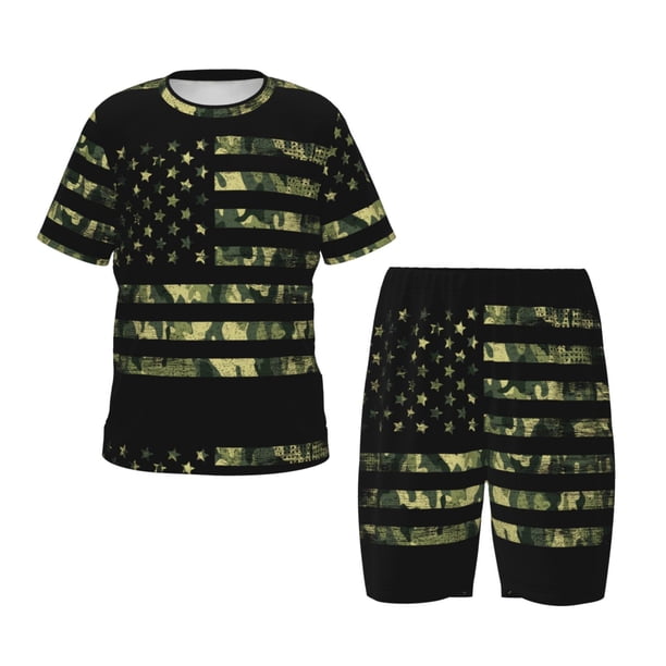 Balery American Flag Camo Conjunto de Pijama Infantil de Manga Corta con Estampado – Ropa de Dormir de Algodón Suave-Large