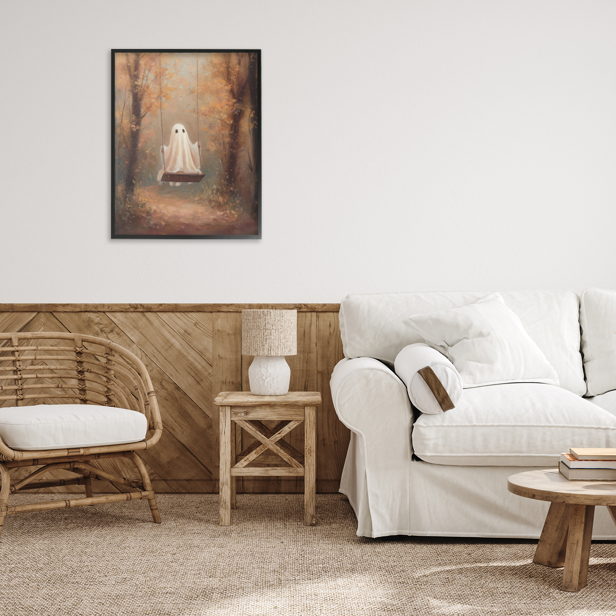 Eerie Swinging Ghost Black Framed Giclee Art, design by Arlington Prints