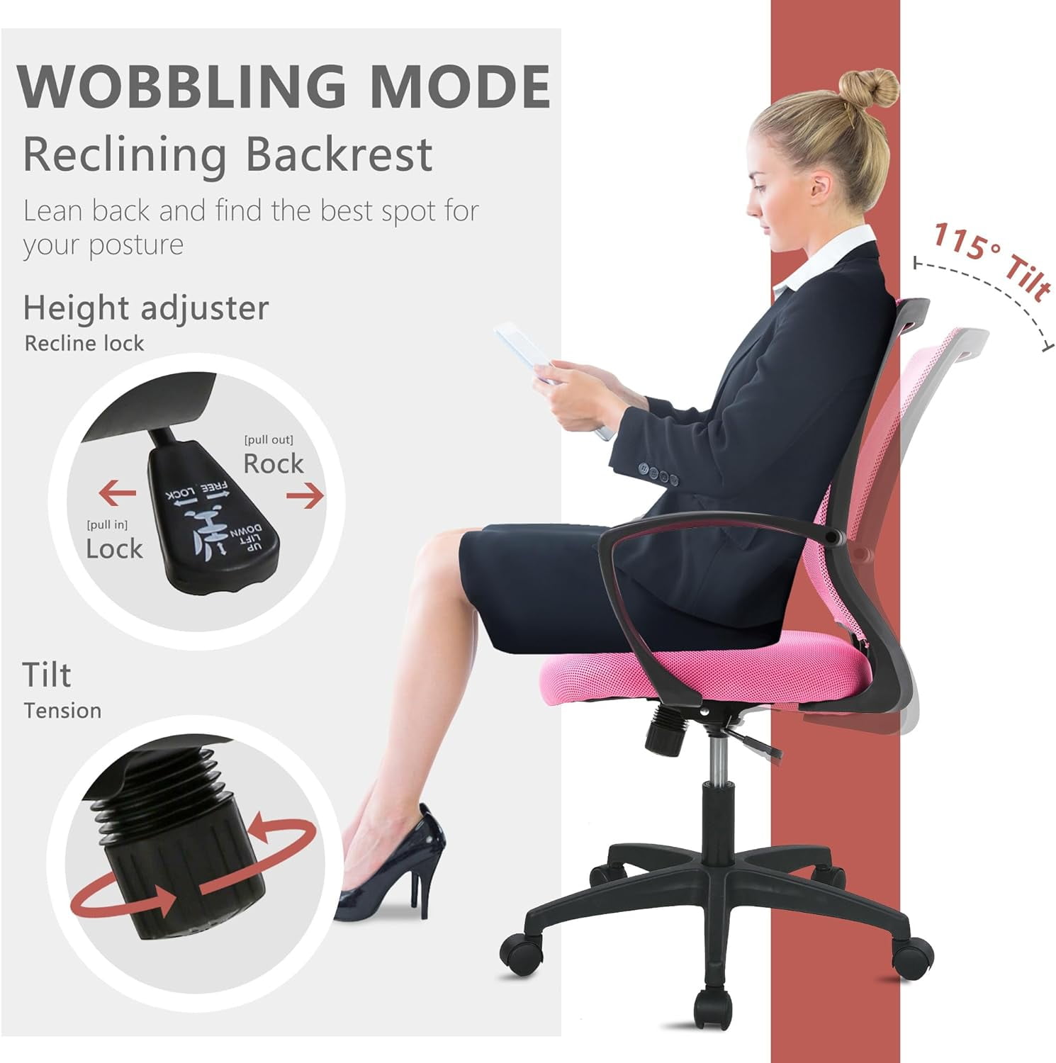 YRLLENSDAN Mesh Office Chair with Wheels Conference Room Chair Mesh Computer Chair for Adults 250lb Rolling Desk Chair with Arms Study Chair Adjustable Height,Pink