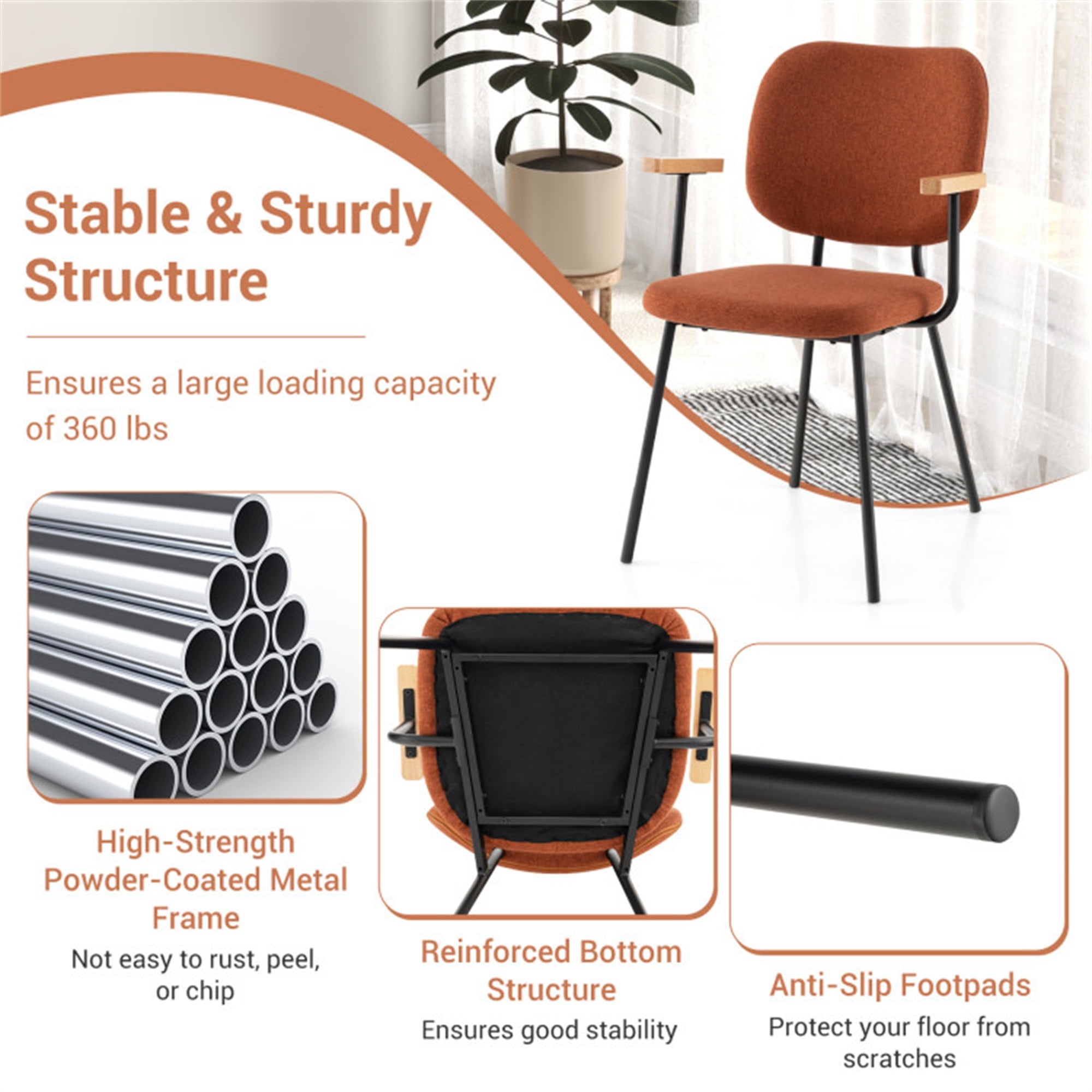 Demi Bonn Set of 2 Modern Fabric Dining Chairs with Armrest and Curved Backrest for Dining Room Living Room, Orange