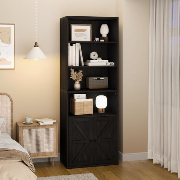 71.4 Inch Tall Black 6-Shelf Glass Door Industrial Bookshelf, Wooden Display Storage Cabinet for Bedroom Living Room Office