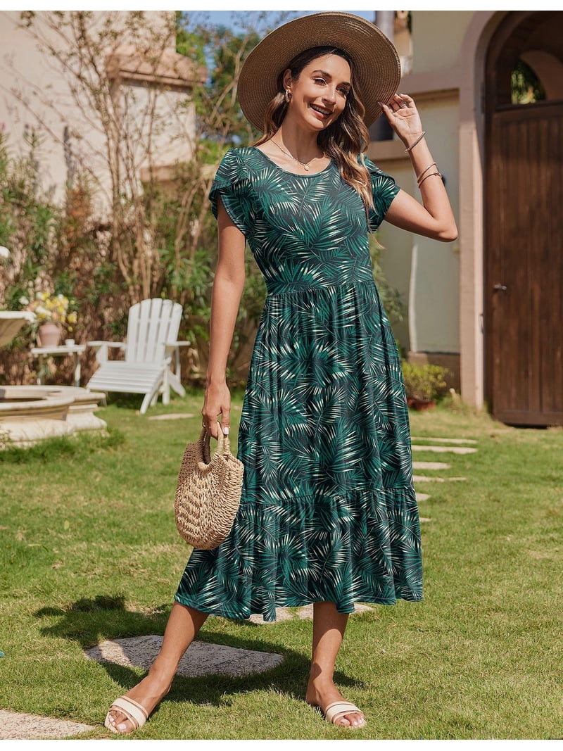 Zeagoo T Shirt Midi Dress for Women Summer Casual Tiered Dresses A Line Swing Long Dresses with Pockets Short Sleeve Beach Dress