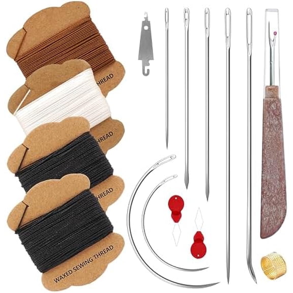 Upholstery Repair Kit: Extra Strong Waxed Sewing Thread 4 Rolls (3 Colors) &Heavy Duty Household Hand Needles (7 PCS) for Leather, Canvas, Bookbinding & Quilting Thread
