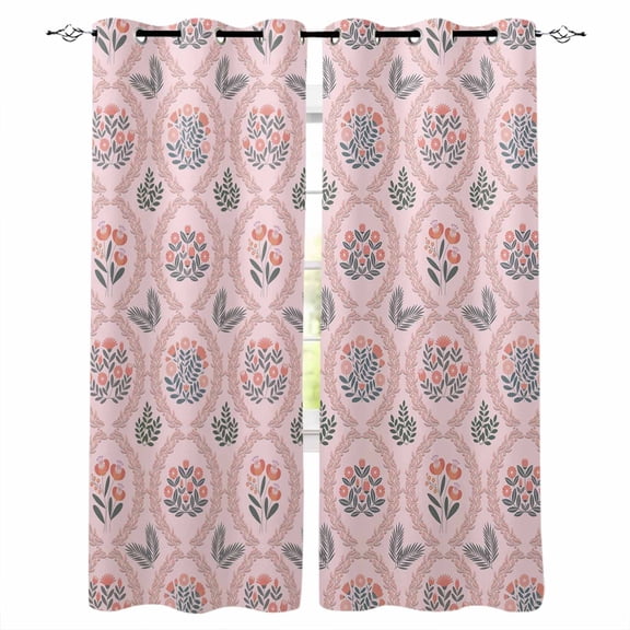 Vintage Flower Pattern Blackout Curtains 54 Inches Long, Spring Floral Leaves Plants Pink Thermal Insulated Black Out Curtains, Darken Window Curtain Drapes for Bedroom Living Room 52"x54" 2 Panels