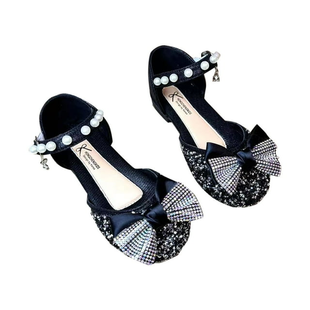 Cethrio Chaussures de Robe pour Filles, Talon Bas Danse Été Sandales Princesse Noires Taille 8 T