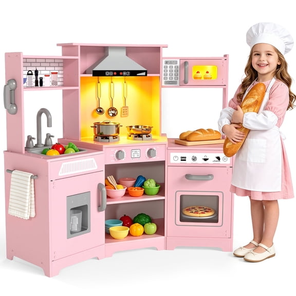 Wooden Kids Pretend Play Corner Kitchen Set Cooking Playset Toddler Toy Gift with Sounds & Lights(Pink)
