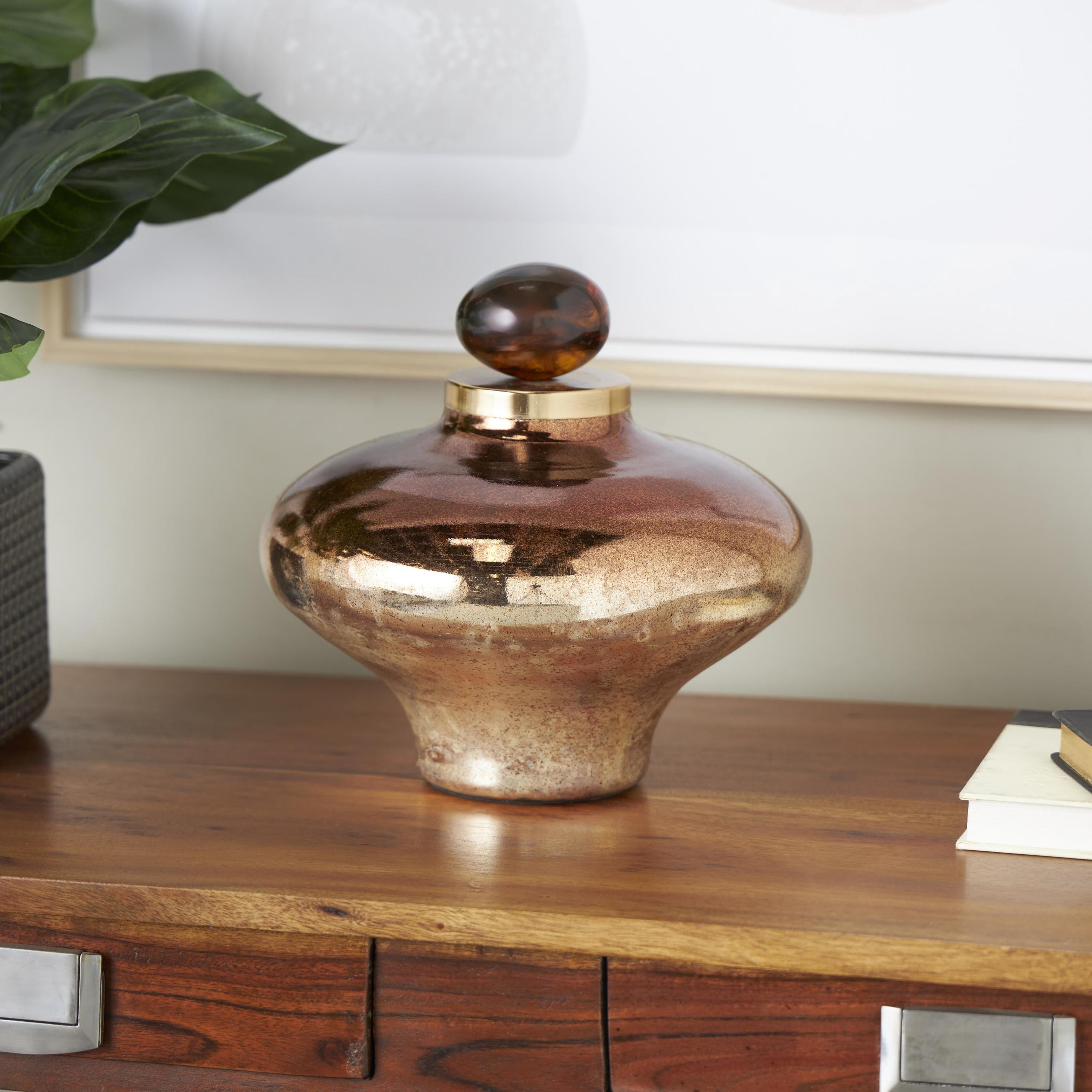 DecMode 9" x 9" Copper Glass Wide Speckled Ombre Decorative Jars with Oval Top Knob and Gold and Beige Accents, 1-Piece