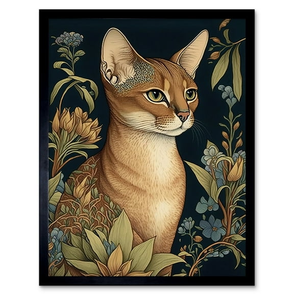 Abyssinian Cat with Flowers Art Nouveau Modern Watercolour Illustration Art Print Framed Poster Wall Decor 12x16 inch