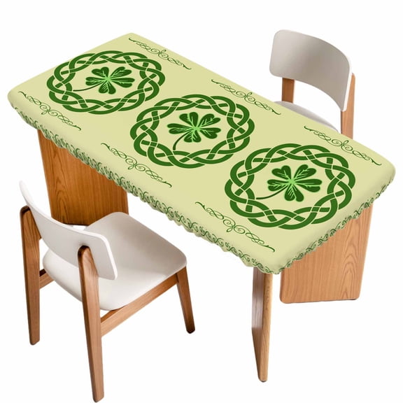 St. Patrick's Day Table Cloths for 5 Foot Rectangle Tables, Farmhouse Green Lucky Clovers Border Patio Waterproof Elastic Fitted Tablecloths, Washable Rectangular Table Cover for Camping