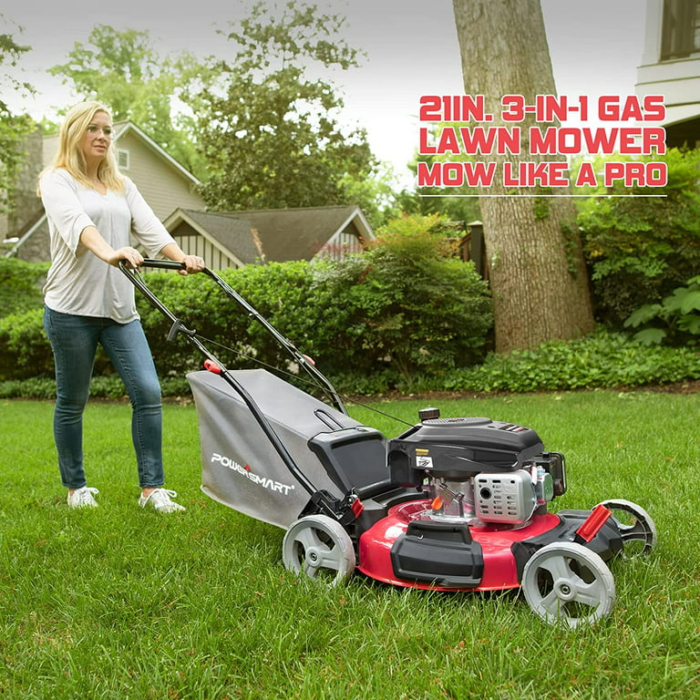 Gas Lawn Mowers, 3-in-1 Gas Powered Push Lawn Mower for Lawn - 21 Inch,  144CC 4-Stroke Engine, Walk-behind Gas Lawn Mower with Rear Bag, 5  Adjustable