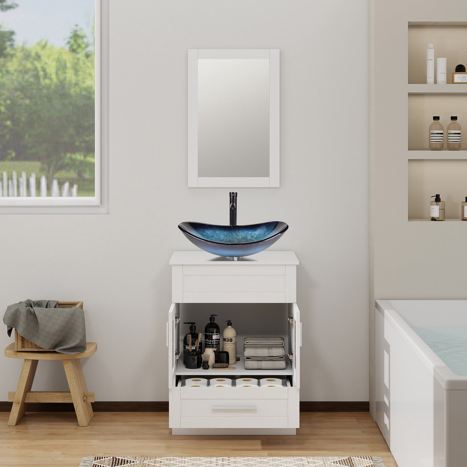 ELECWISH 24" Vanity Bathroom Cabinet with Mirror and Vessel Sink Bowl Faucet Combo Set
