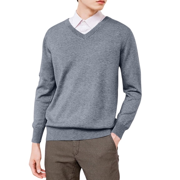 Mens V Neck Sweater Cable Knit Long Sleeve Casual Ribbed Pullover Sweaters Gray L