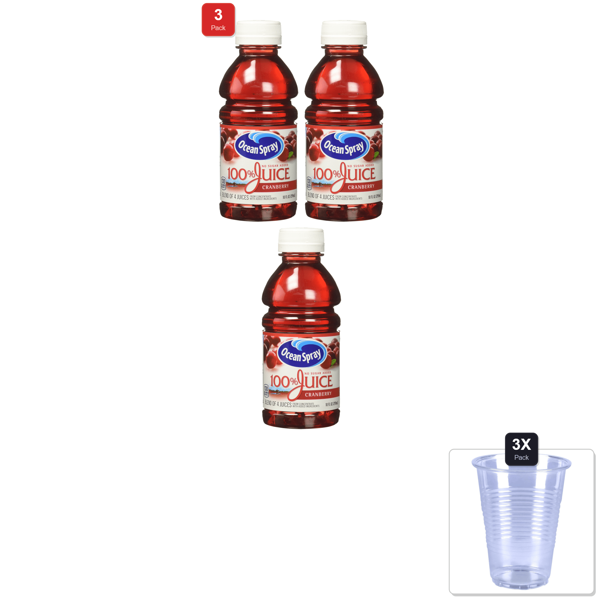 3 Pack | Ocean Spray 100% Juice, Cranberry, 10 Ounce Bottles (Pack Of 6) & 3x Disposable Cup