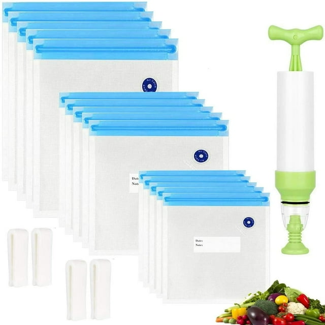 MesaSe Sacs Lot de 20 3 Tailles Sacs de Rangement Alimentaires sous Vide Réutilisables avec Pompe Manuelle 4 Pinces de Scellage Scelleuse sous Vide Réutilisable pour Congélateur Sac Ziploc