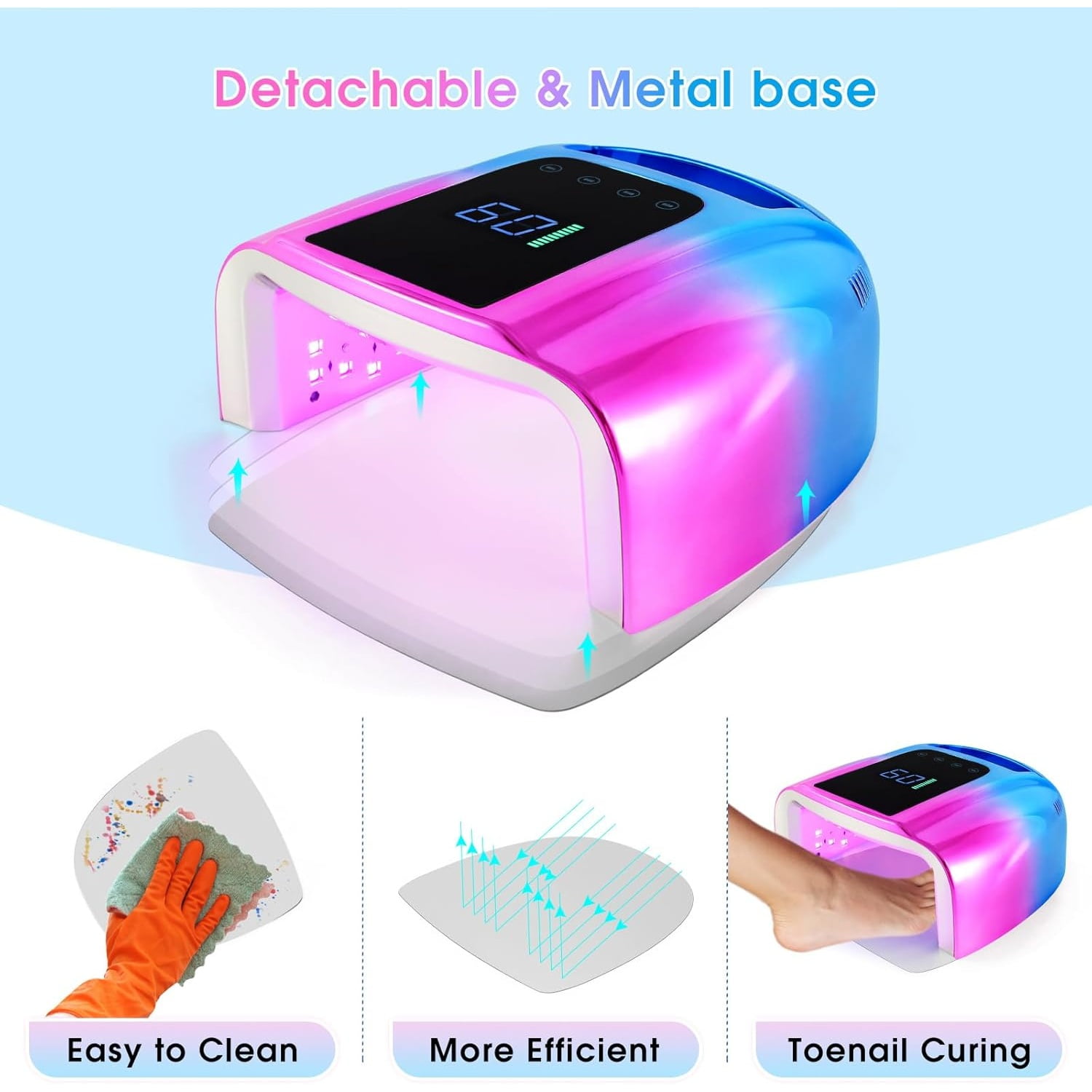 UV LED Nail Lamp 96W, Rechargeable UV Light for Gel Nails with Metal Base, Auto Sensor and 4 Timer Settings, Salon Quality UV Nail Light (Blue&Purple)