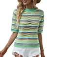 thumbnail image 1 of Women Hollow out Knitted Sweater Striped Contrast Color Half Sleeve, 1 of 8