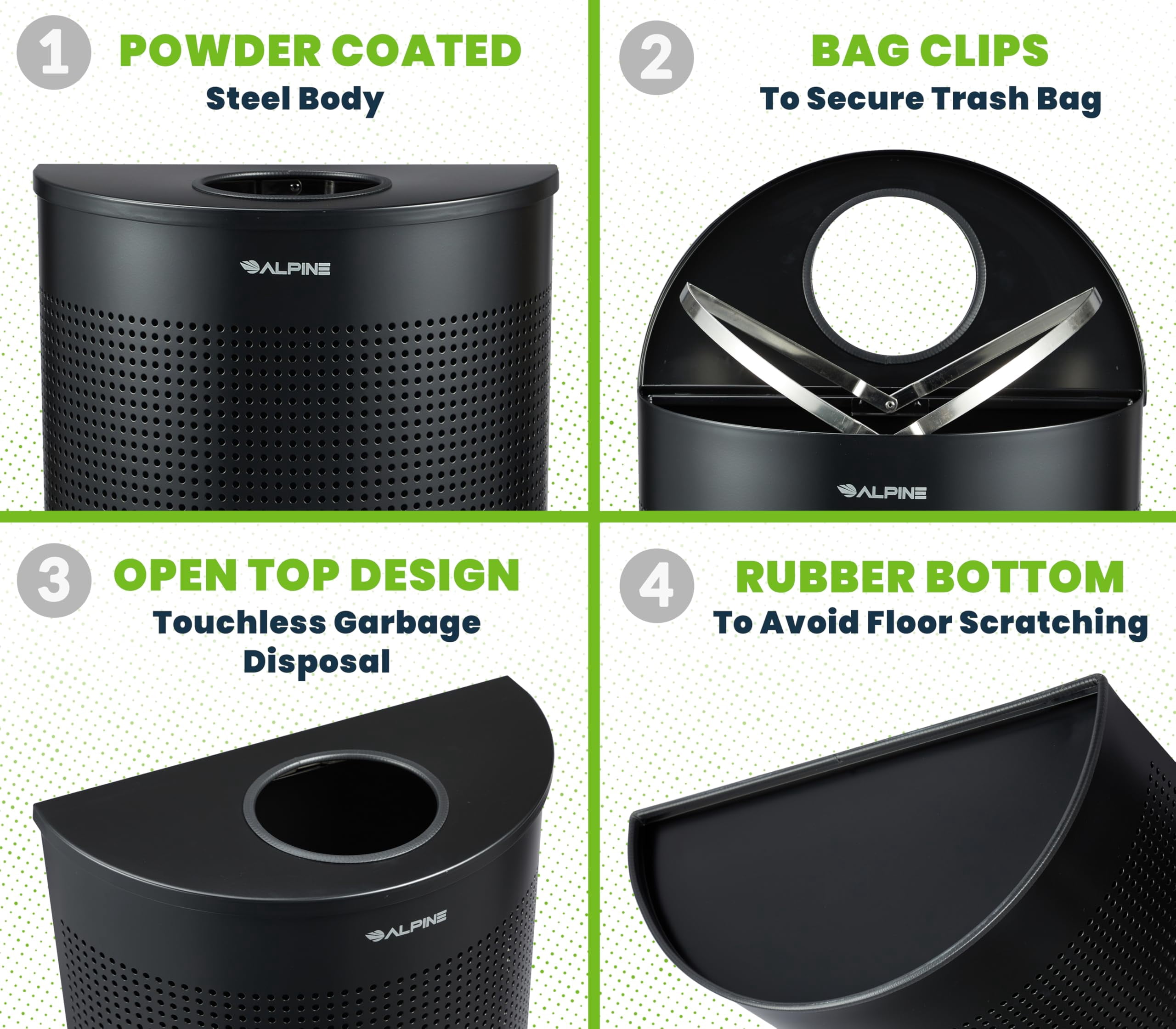 Alpine Half Round Trash Can Open Top - Modern Black Metal 12 Gallon Trash Can, Space Saving Indoor Commercial Trash Can, Perfect for Bathroom, Office, Lobby and Business.