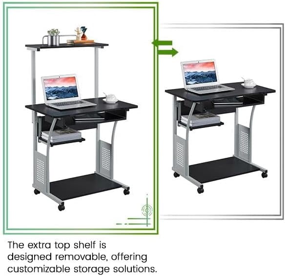 JessieMal 2 Tier Mobile Computer Desk with Printer Shelf & Keyboard Tray Rolling Computer Table for Small Spaces, Compact Study Workstation with Wheels, Space Saving, Black