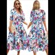 thumbnail image 2 of Vestido Floral con Escote en V para Mujer, Verano 2025, Moderno, Bohemio, Plisado, con Mangas Abullonadas. Azul Rosa M, 2 of 5