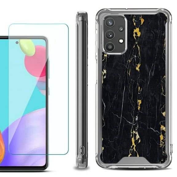 Shockproof Bumper Phone Case for Samsung Galaxy A52 5G, with Tempered Glass Screen Protector, by OneToughShield ® - Marble / Gold/Black