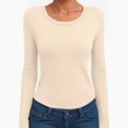 thumbnail image 6 of felwors Womens Crewneck Long Sleeve Shirt Double Lined Basic Tees Side Ruched Going Out Crop Tops Beige, M, 6 of 6