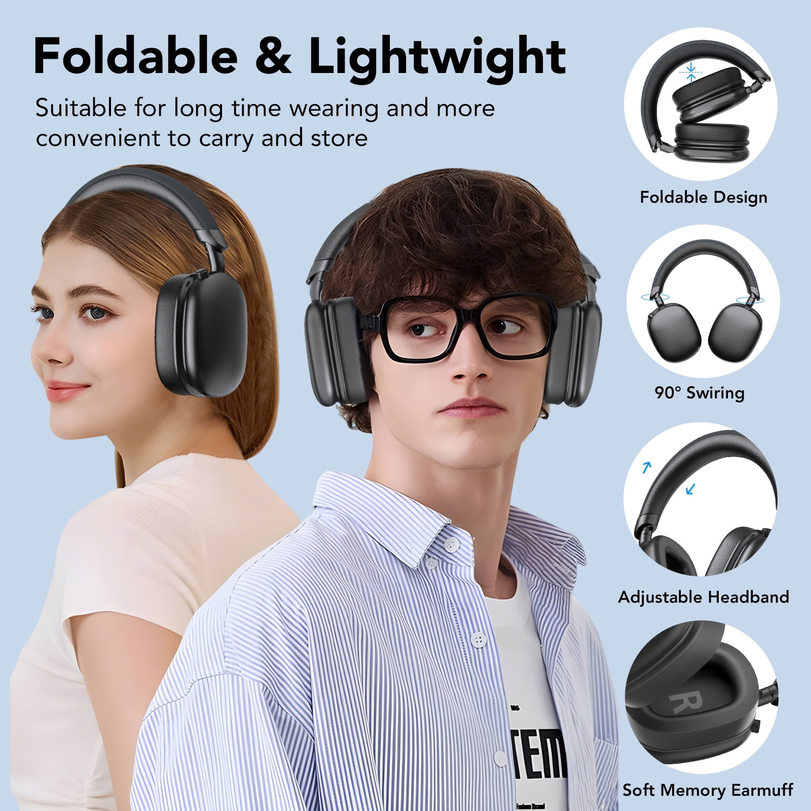 Active Noise Cancelling Headphones -45dB, Bluetooth Headphones 5.4, 60H Playtime Wireless Earbuds, Clear Call, Bass Boosted by 90%, Comfort Fit Over Ear Headphones for Travel Home Office PC Black thumbnail 6