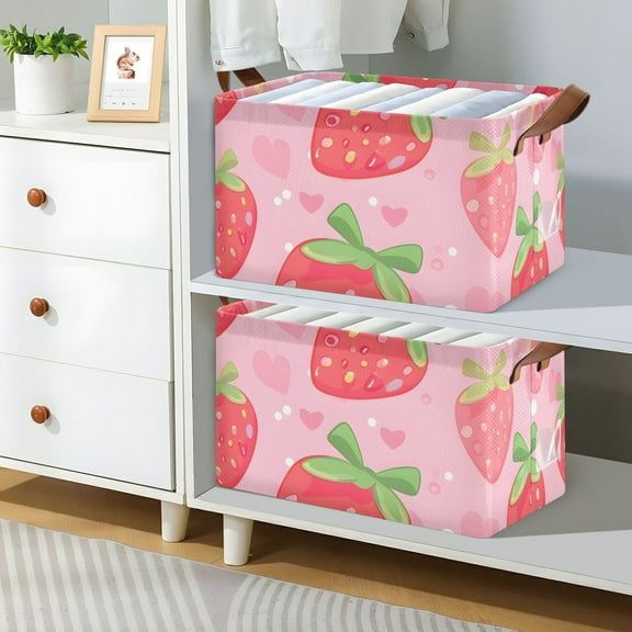 Cute Strawberry Foldable Storage Large Fabric Storage Baskets Organizer Storage Bins with Handles for Shelves
