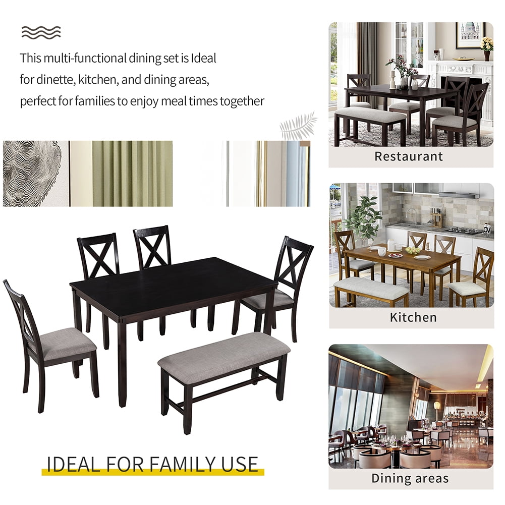 Private Jungle 6-Piece Kitchen Dining Table Set Wooden Rectangular Dining Table,4 Dining Chair and Bench Family Furniture(Espresso) Private Jungle 6-Piece Kitchen Dining Table Set Wooden Rectangular Dining Table,4 Dining Chair and Bench Family Furniture(Espresso)