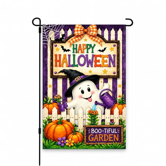 Halloween Garden Flag 12x18 Inch - Ghost, Pumpkins, Bats & Happy Halloween Theme for Yard, Lawn, Porch or Patio Outdoor Decor