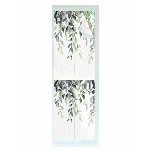 Window Privacy Film Green Gray Leaves Stained Glass Window Film Decorative Sun Block Window Cover Vintage Rustic Botanical Vines Branches Window Clings Static Sticker for Bathroom 17.7"x78.7"