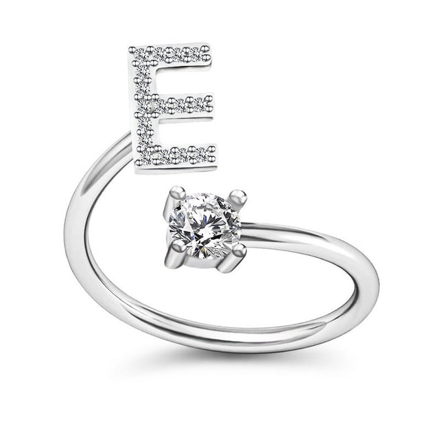 Anillo con letras creativas, sencillo y combinable, de estilo europeo y americano, con diamantes y apertura con 26 letras inglesas, anillo ajustable