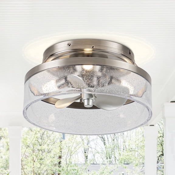 13" Modern Nickel Caged Flush Mount Ceiling Fan with Light and Remote