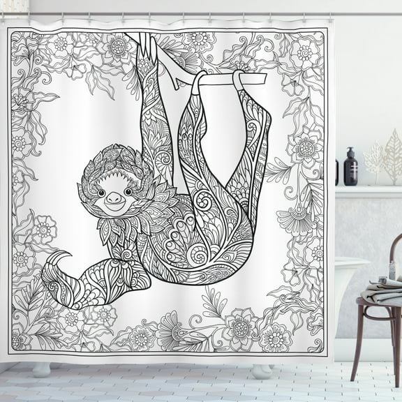 Ambesonne Sloth Shower Curtain, Outline Drawing Jungle, 69"Wx70"L, Black White