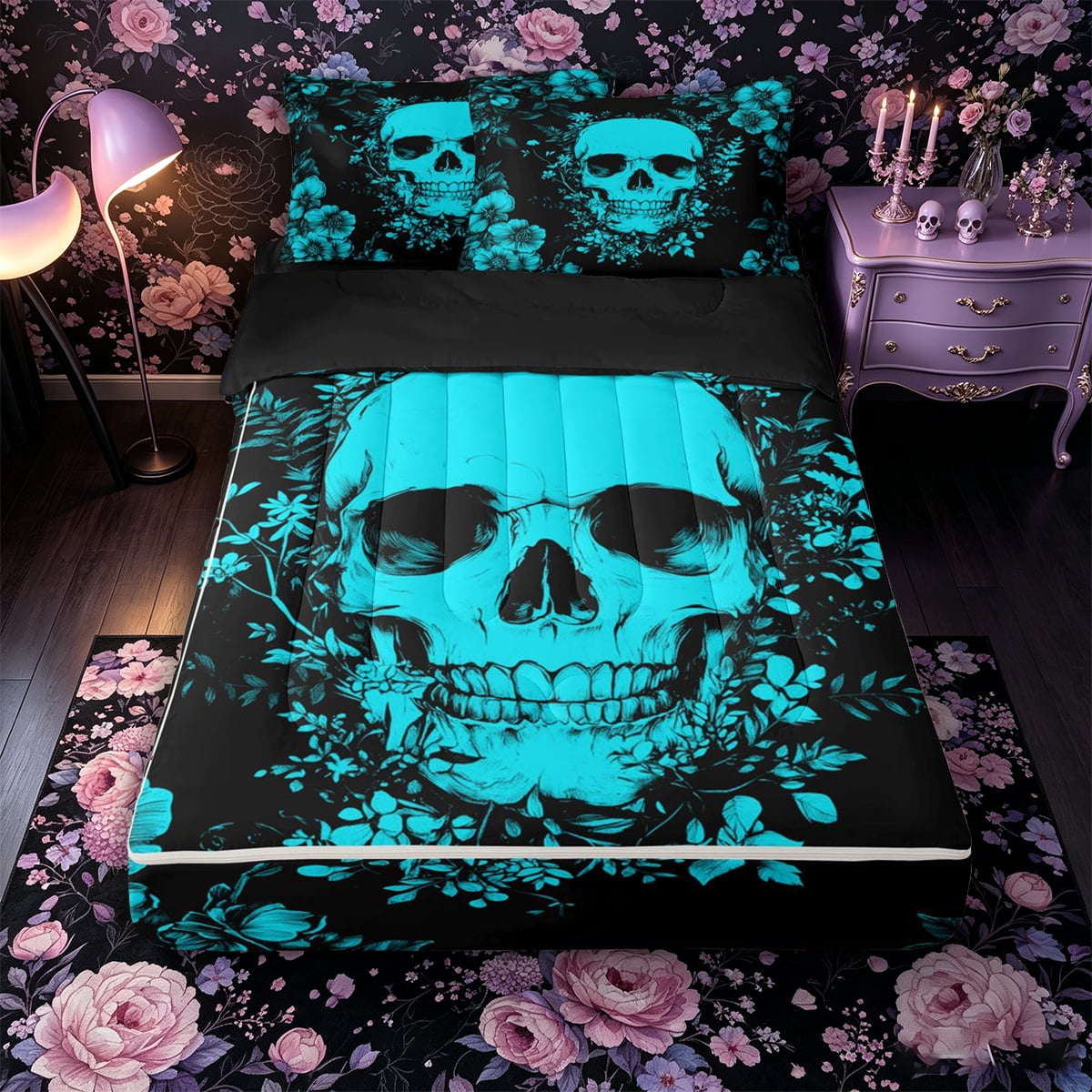 Castle Fairy Boho Skull Zipper Full Size Comforter Sets with Fitted Sheet and 2 Pillowcases Spooky Wildflower Zipper Bedding Set Cyan Black 4pcs Black Reversible