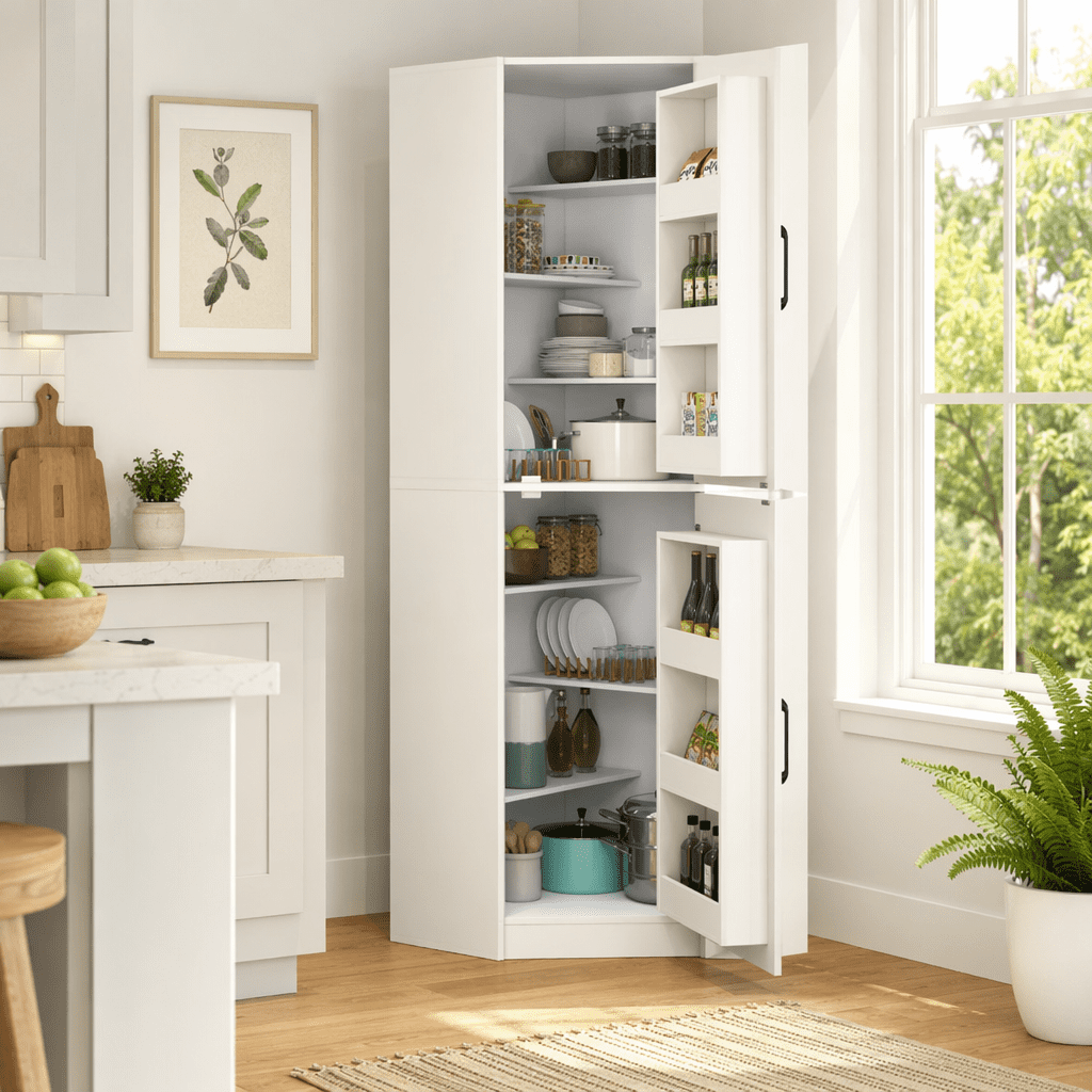 Mintazer 70.87" Tall Corner Pantry Cabinet, L Shaped Kitchen Hutch Corner Cupboard with 2 Doors & Shelves for Dining Room, Kitchen, Closet, White