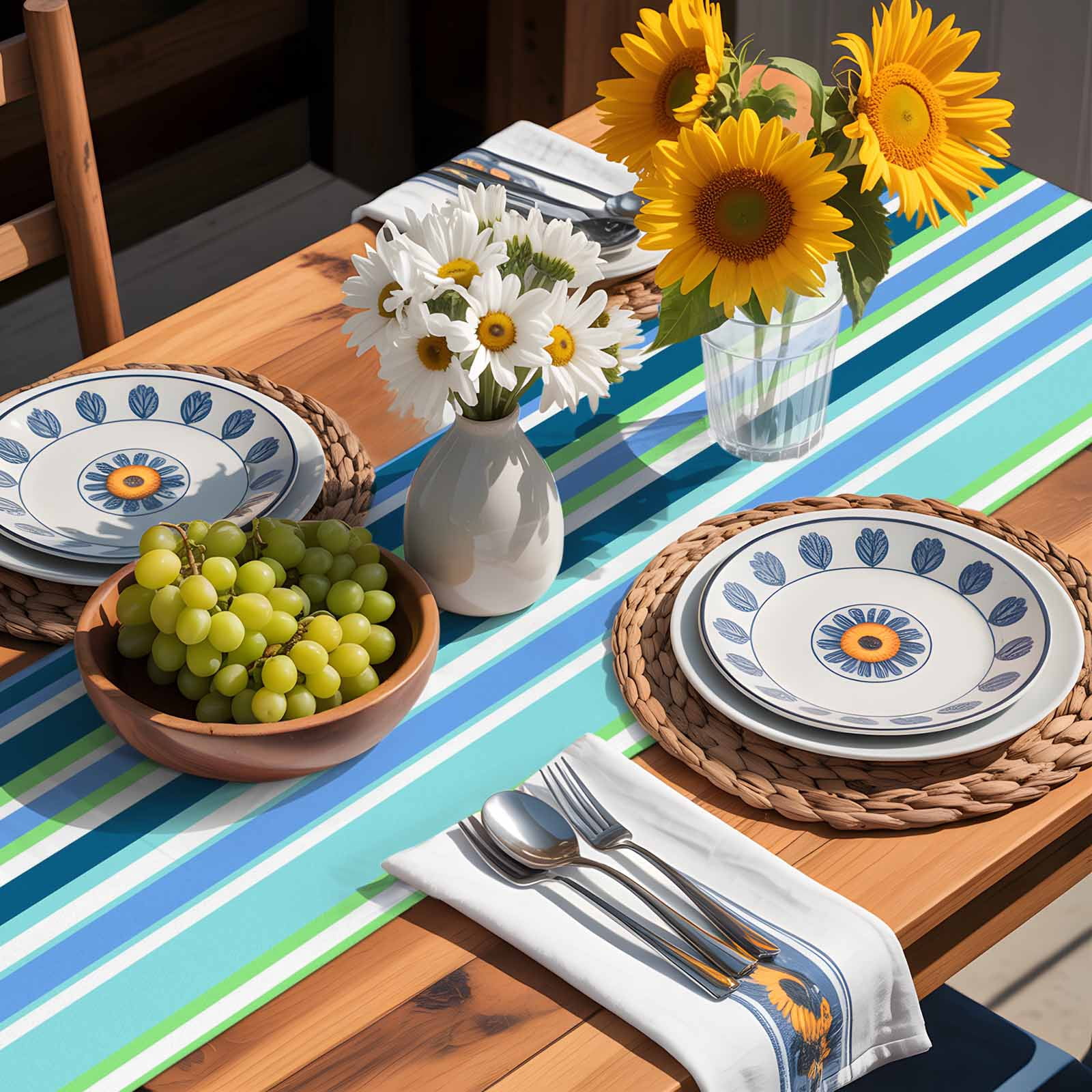 Blue Gradient Colorful Stripe Table Runner 90 Inches Long, Classic Line Table Runners Tabletop Scarf Kitchen Dining Tables Decoration for Home Party Indoor Outdoor