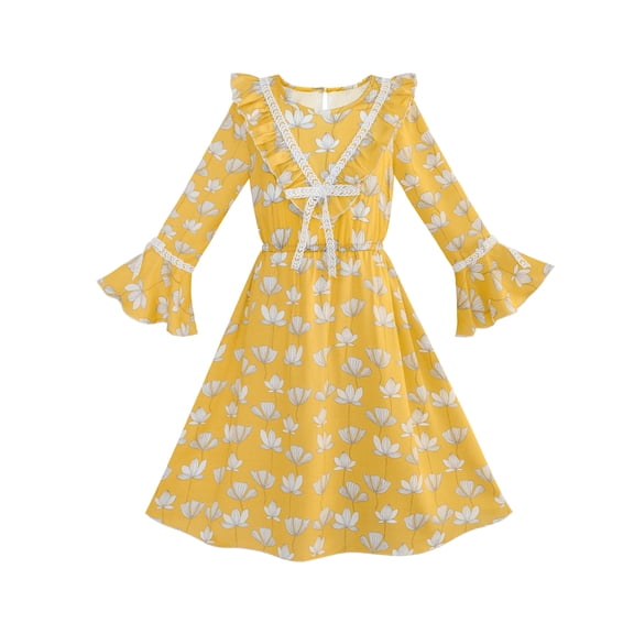 Girls Dress Chiffon Bell Sleeve Floral Elegant Dress 7 Years