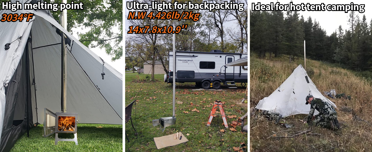 Danchel Outdoor T6 100% Titanium with Chimney Pipe, 4.4 lbs Ultralight Foldable Backpack Tent Stove
